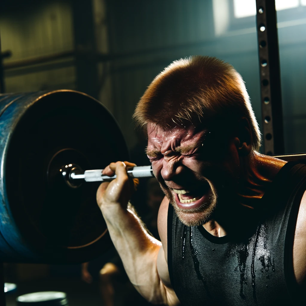 A-dramatic-scene-depicting-a-muscular-Caucasian-bodybuilder-enduring-pain-during-a-heavy-lifting-session-at-a-gym.-He-is-in-the-middle-of-lifting