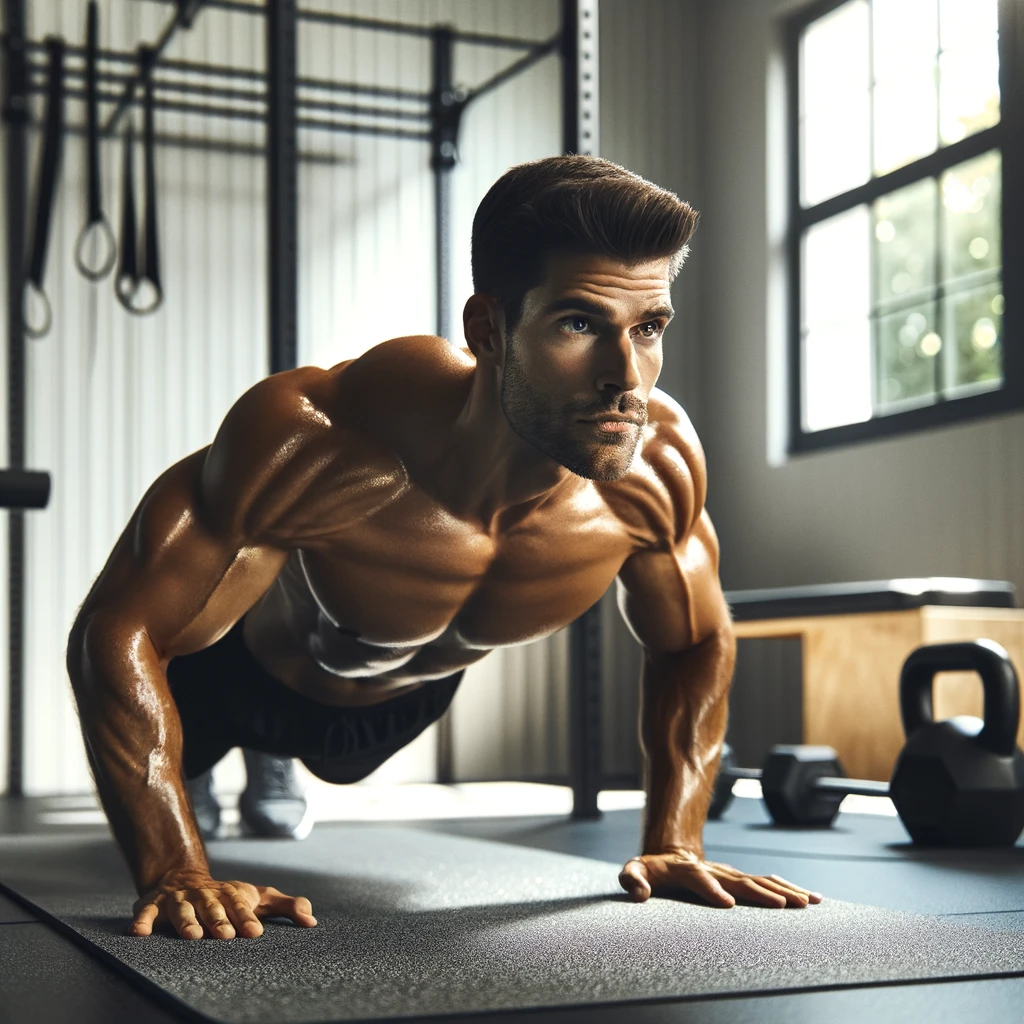 A realistic image of a Caucasian male bodybuilder doing push-ups in a home gym environment. He is captured mid-motion, showcasing his strong, muscular build.png