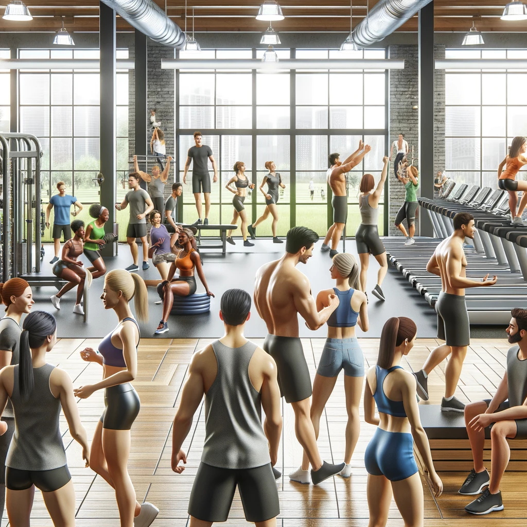 A-realistic-image-of-a-diverse-and-supportive-gym-community.-The-scene-includes-several-people-of-various-ethnicities-and-body-types
