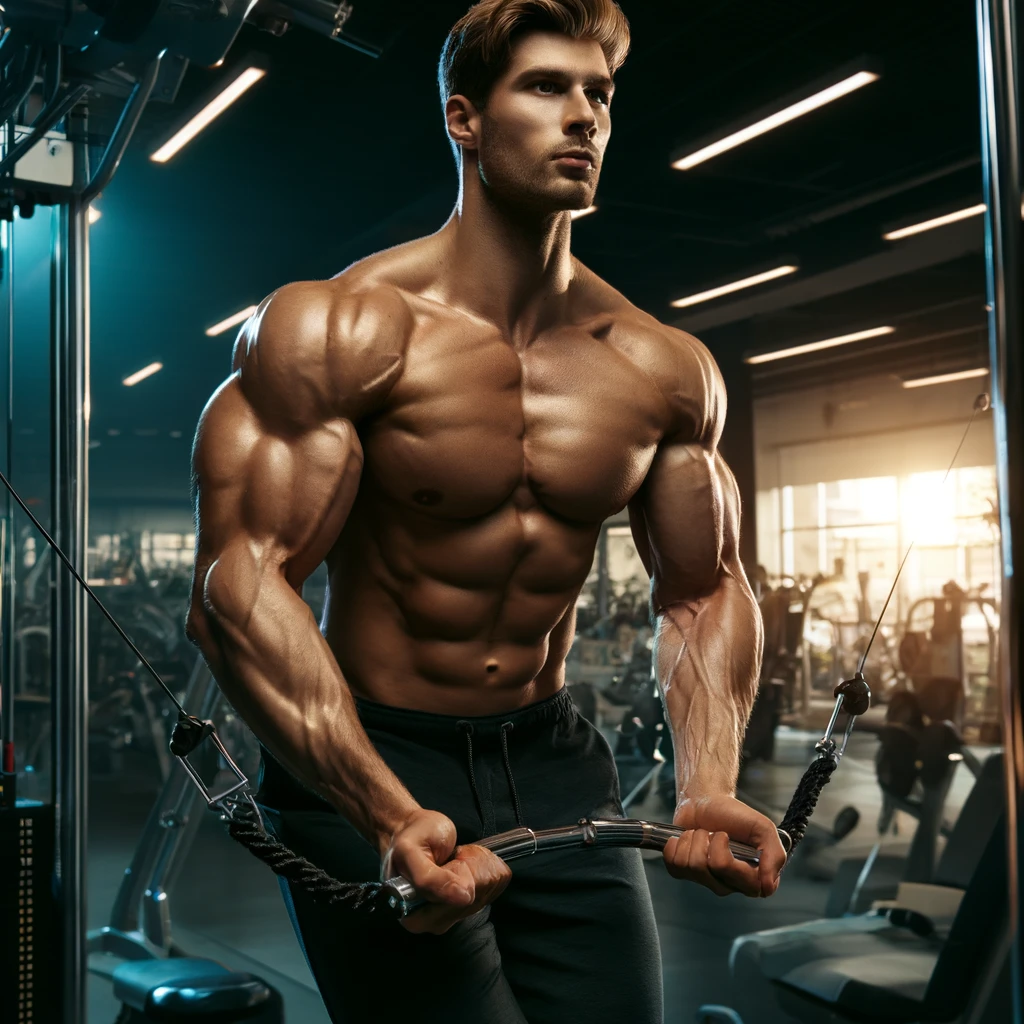  A realistic image of a muscular Caucasian male bodybuilder performing cable crossovers in a professional gym setting