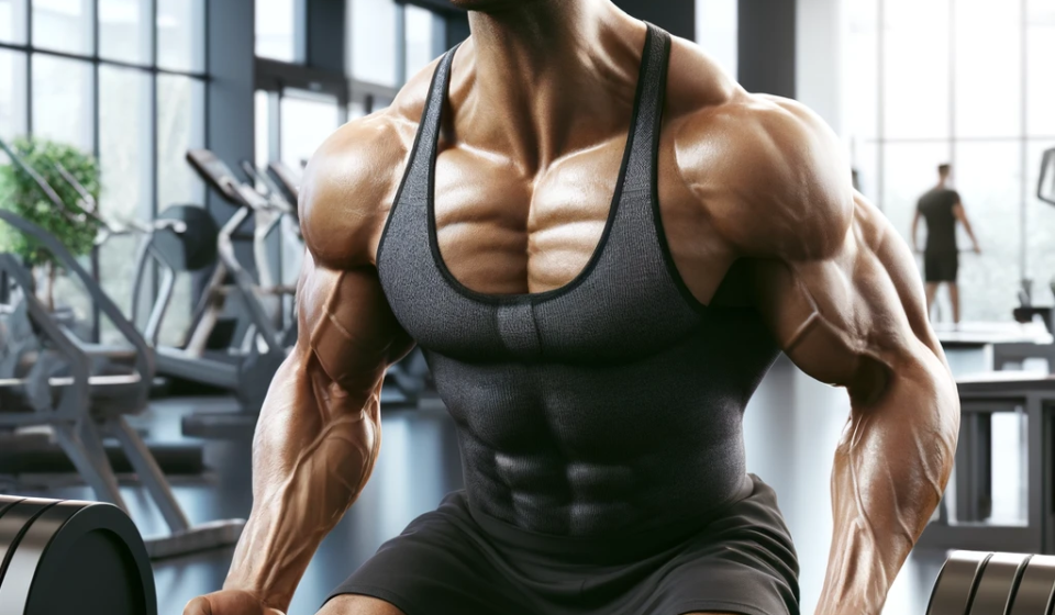 A realistic image of a muscular bodybuilder of any ethnicity demonstrating mental fortitude. The bodybuilder is mid-exercise, lifting heavy weights