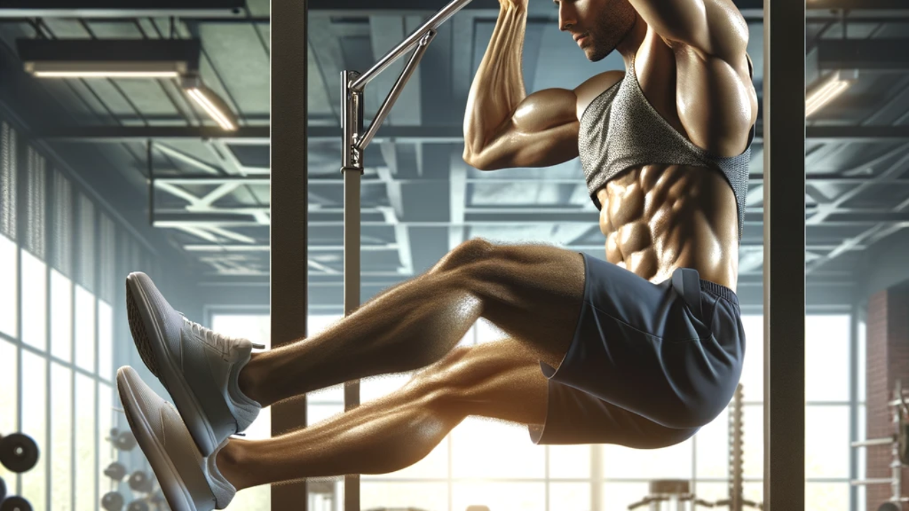 A realistic image of an athletic individual of any ethnicity performing hanging leg raises in a gym to target the lower abdominals, hip flexors