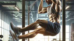 A realistic image of an athletic individual of any ethnicity performing hanging leg raises in a gym to target the lower abdominals, hip flexors