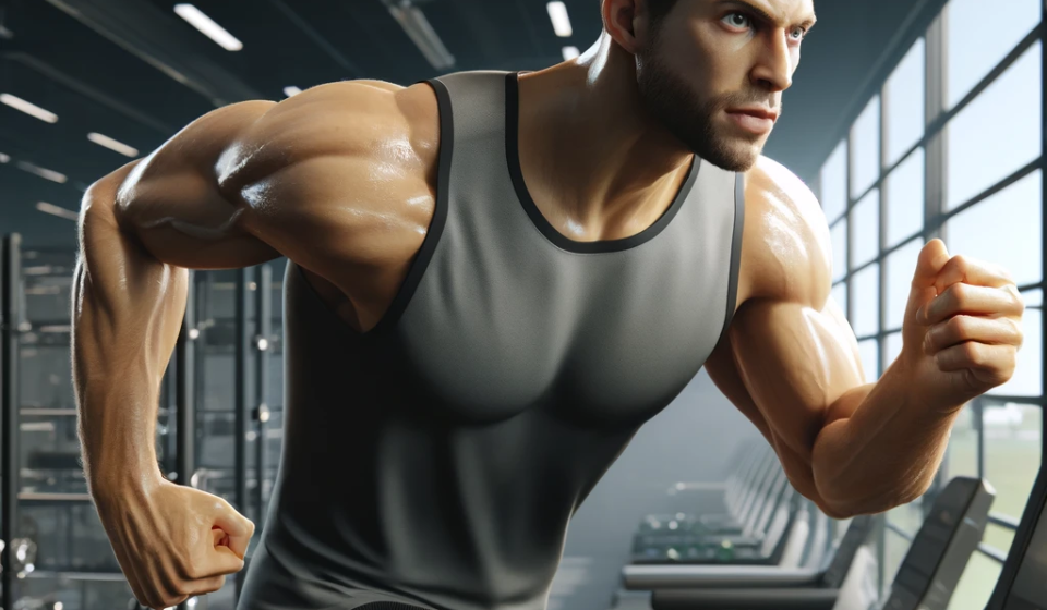 A-realistic-scene-of-a-muscular-Caucasian-bodybuilder-engaged-in-high-intensity-interval-training-in-a-modern-gym-setting.-The-bodybuilder-is-wearing